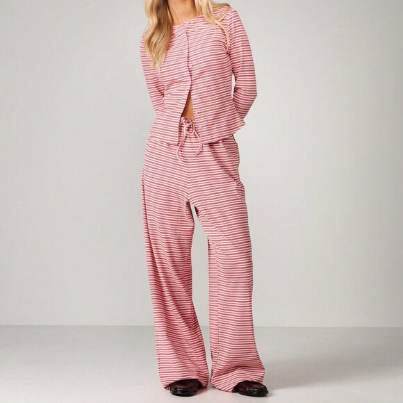 Pink Casual Women's Long Sleeve Crop Top & Wide Leg Pants Set - Picture 4 of 5